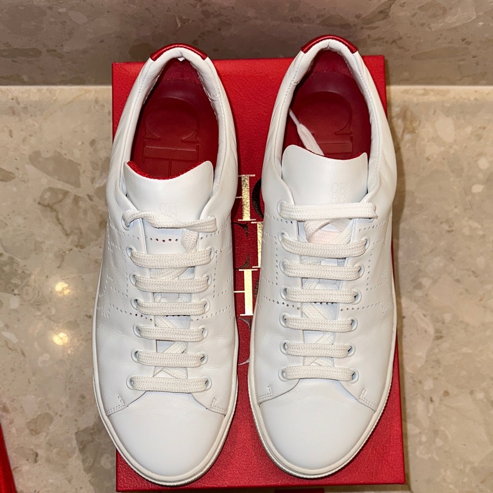 Carolina Herrera White Low-Top Sneakers with Red Heel Detail - Picture 6 of 15
